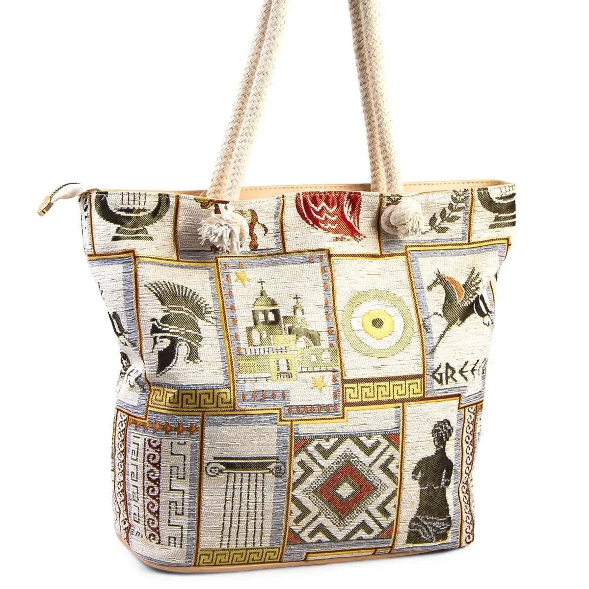 Greek motif handbag with rope handle on white background