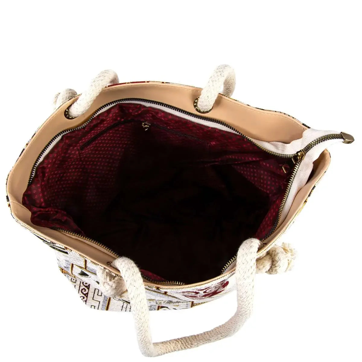 Open beige handbag with Greek-motif pattern on a white background