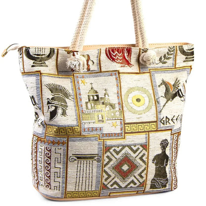 Tote bag with Greek-themed design on a white background