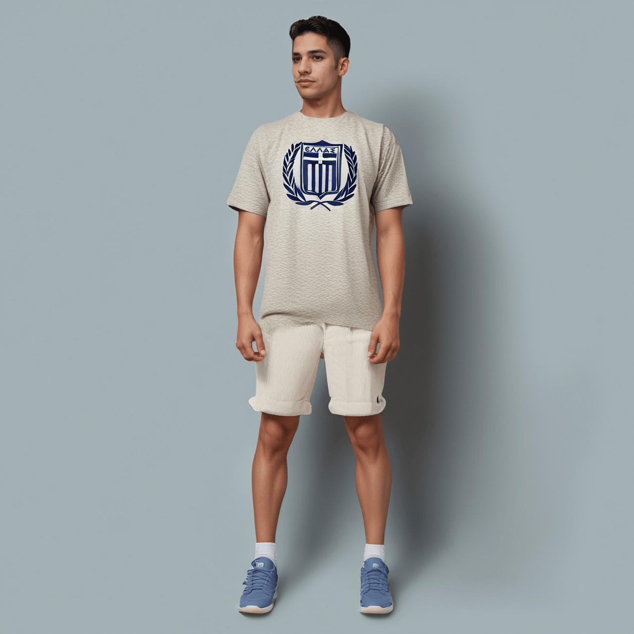 Man wearing a beige t-shirt with a logo and white shorts on a gray background