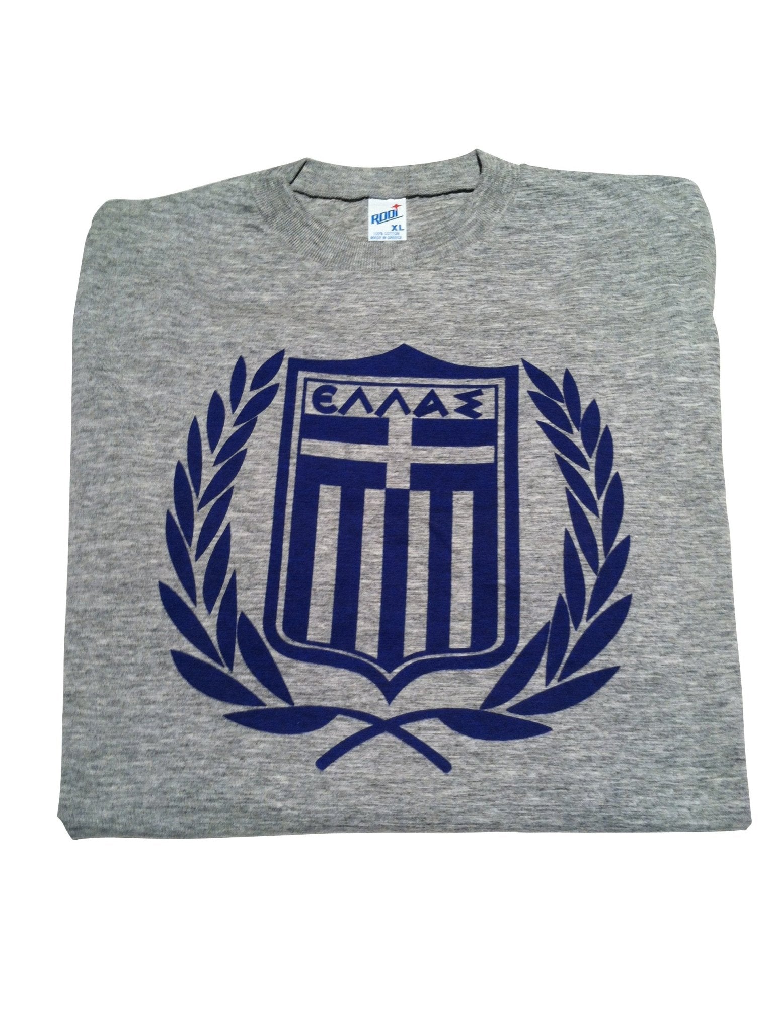 Gray t-shirt with a blue emblem on a white background