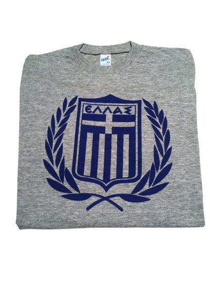Gray t-shirt with a blue emblem on a white background