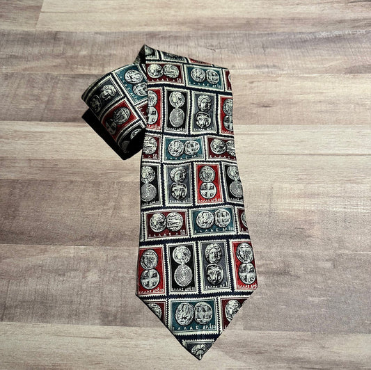 Tie with a pattern of Greek stamps with ancient Greek coins in rectangles on a wooden surface