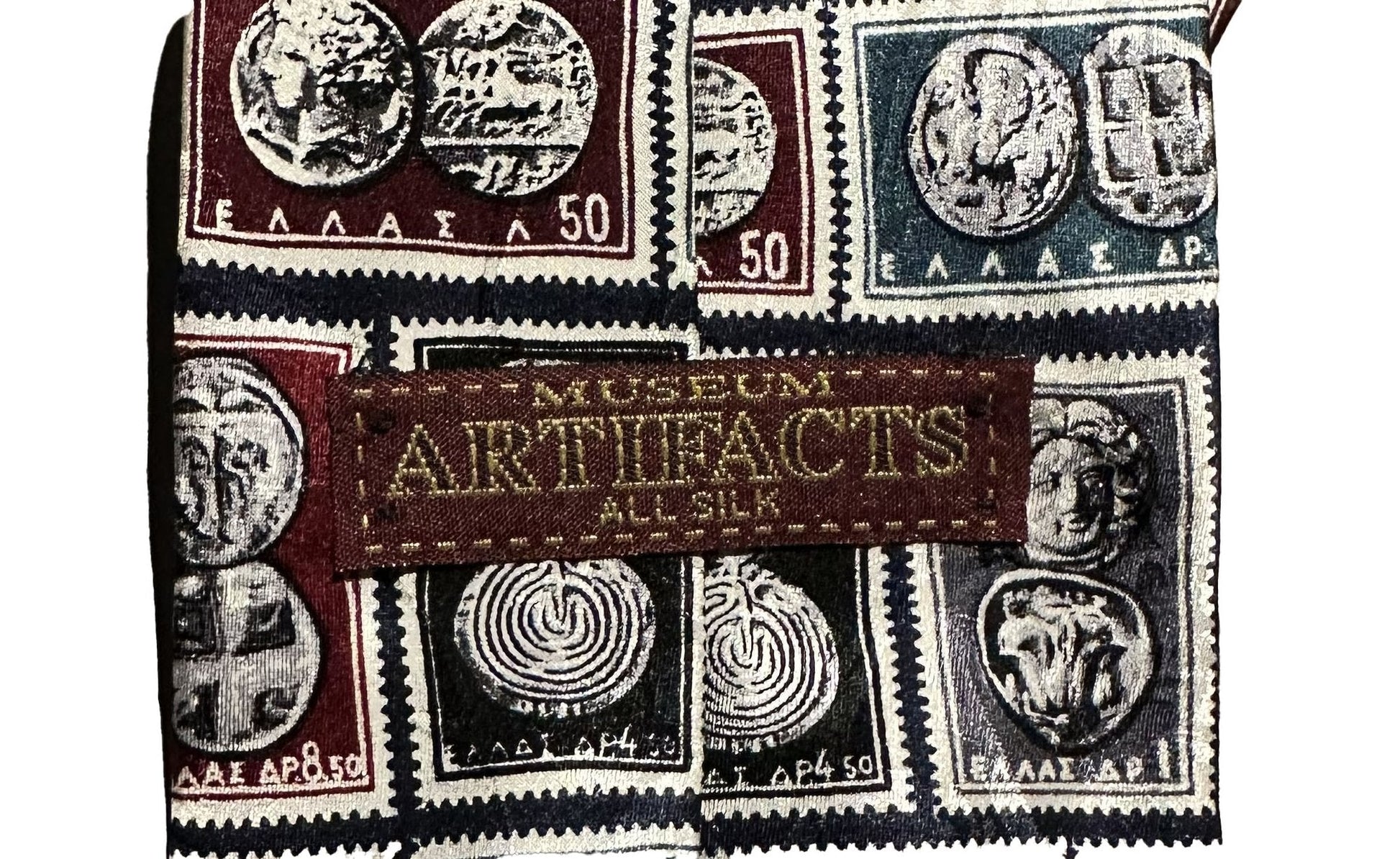 Silk tie with vintage pattern of Greek stamps with ancient Greek coins in rectangles and 'Museum Artifacts' label