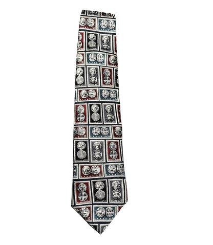 Tie with a pattern of Greek stamps with ancient Greek coins in rectangles on a white background