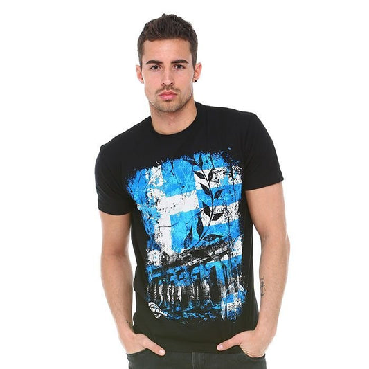 Man wearing a black t-shirt with blue graphic Greek Flag design on a white background