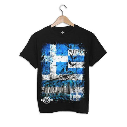 Black t-shirt with Greek flag design on a hanger