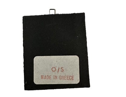 Back of mini Greek icon ornament with a label reading 'O/S Made in Greece' on a white background