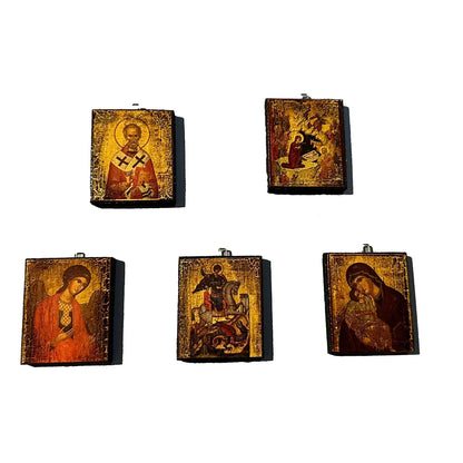 Set of five miniature religious icon ornaments on a white background
