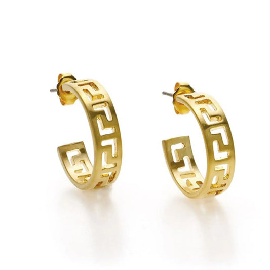 Gold hoop earrings with Greek meander key design on a white background