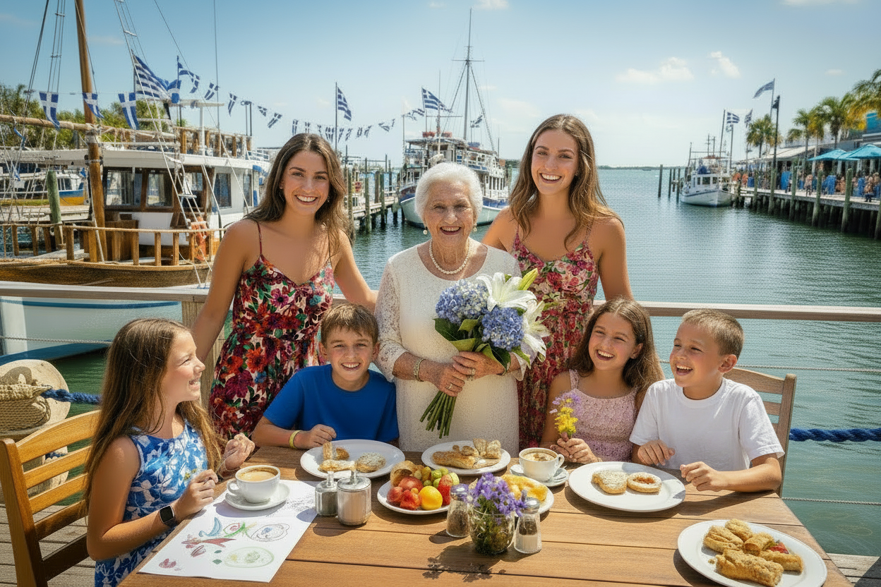 Family and grandmother posing for a photo at a dining table with boats and water in the background