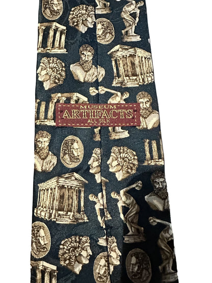 Silk tie with classical architecture and busts design, labeled 'Museum Artifacts'