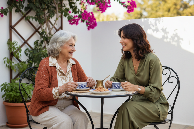 Two women sitting at a table outdoors, enjoying tea and conversation.