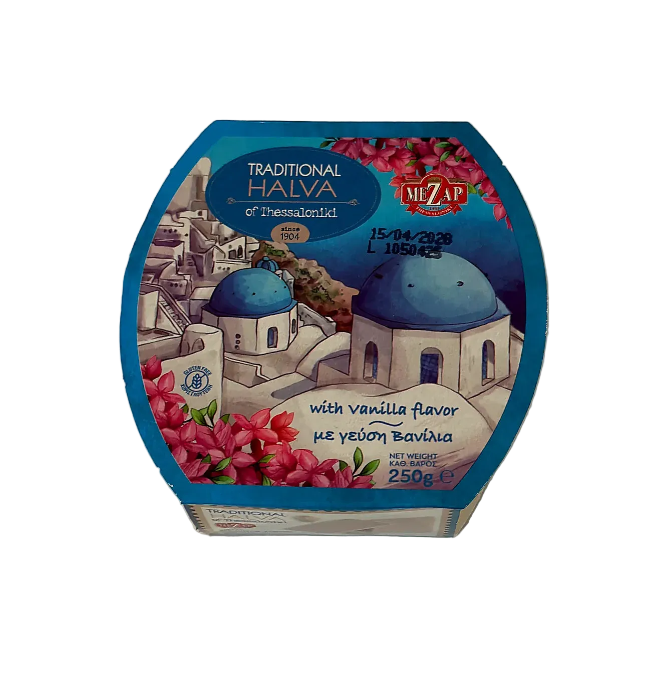 Packaged halva with decorative label on a plain background
