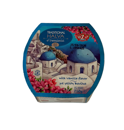 Packaged halva with decorative label on a plain background