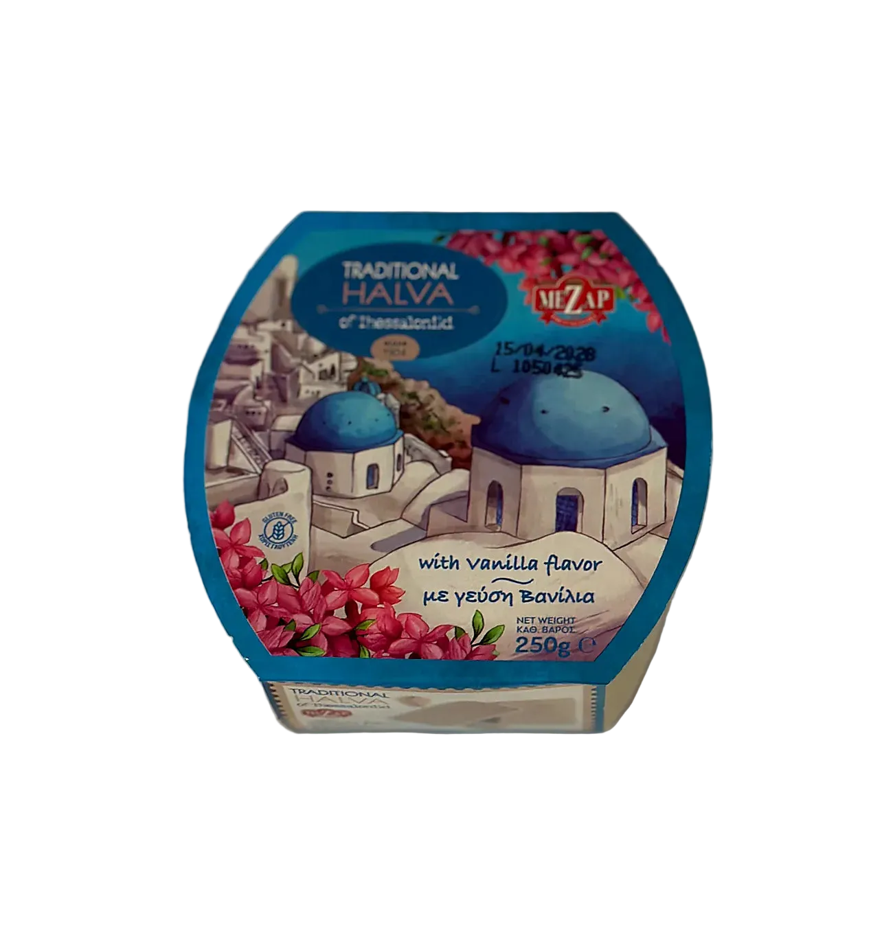 Packaged halva with a colorful label featuring architectural elements and flowers on a white background.