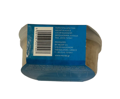 Back of a container with a blue label showing text and a barcode.