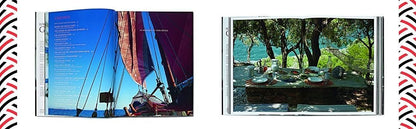 Open book showing a sailboat and a picnic scene with trees.