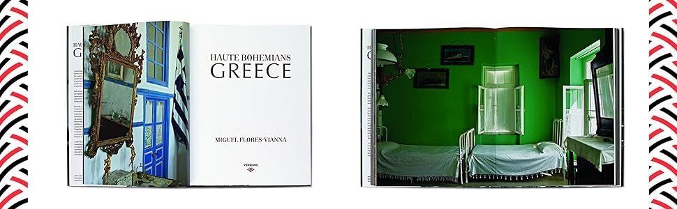 Book titled 'Haute Idees Menans Greece' with images of Greek architecture and interior design