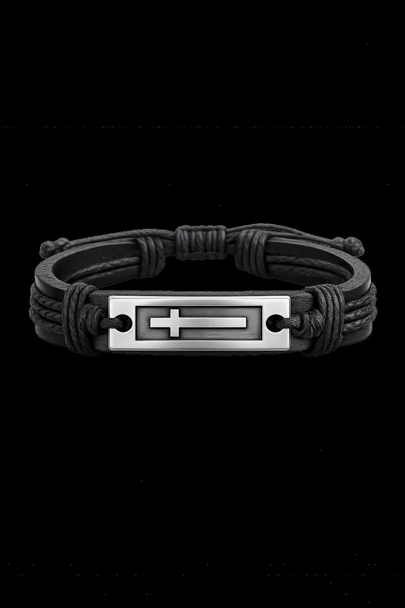 Black leather adjustable bracelet with silver cross plate