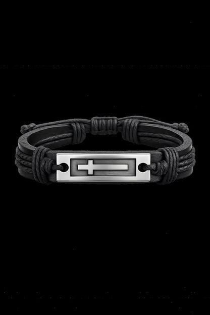Black leather adjustable bracelet with silver cross plate