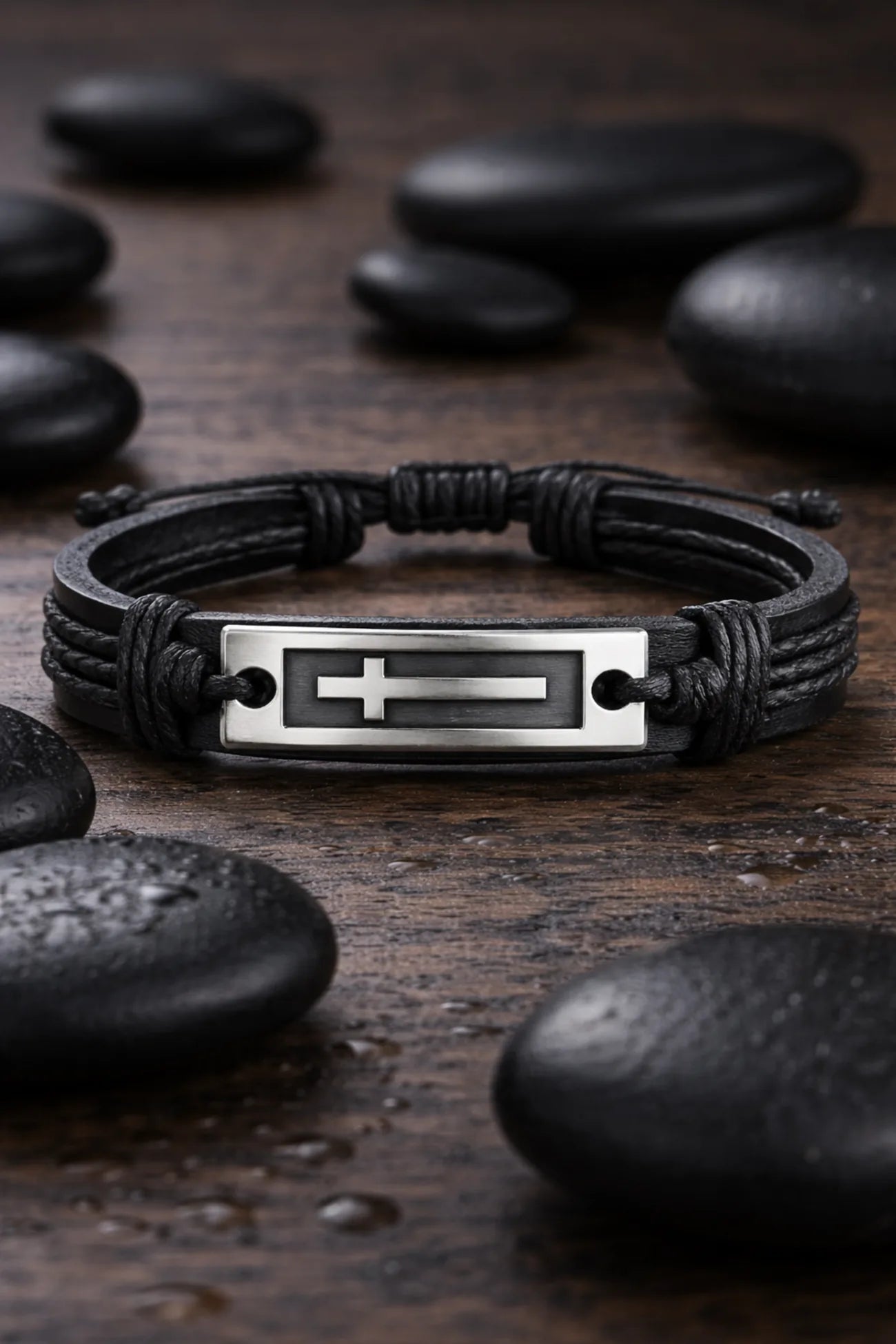 Black leather adjustble bracelet on wood table with black, smooth stones and drops of water