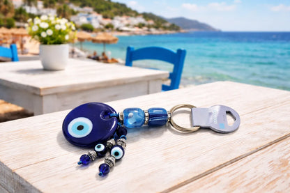 Keychain with evil eye charm on a wooden surface by the sea