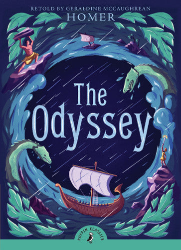 Book cover of 'The Odyssey' with illustrations of a ship, sea creatures, and characters.