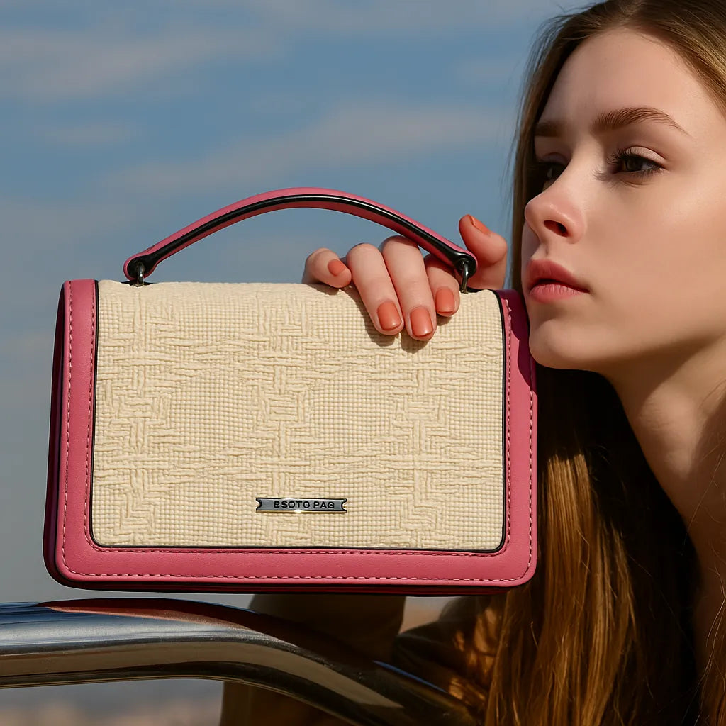 Woman holding a pink and beige handbag against a blue sky.