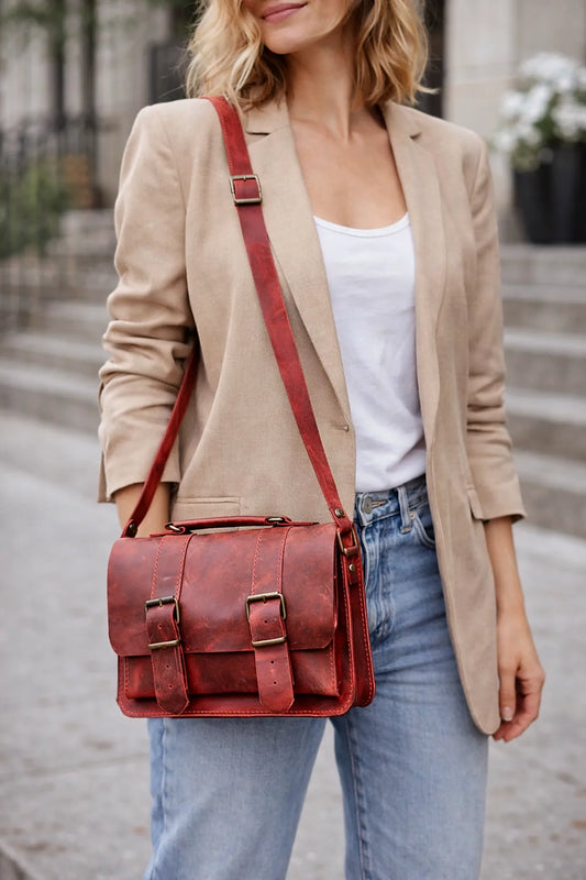 Woman carrying a red leather satchel bag in an urban setting