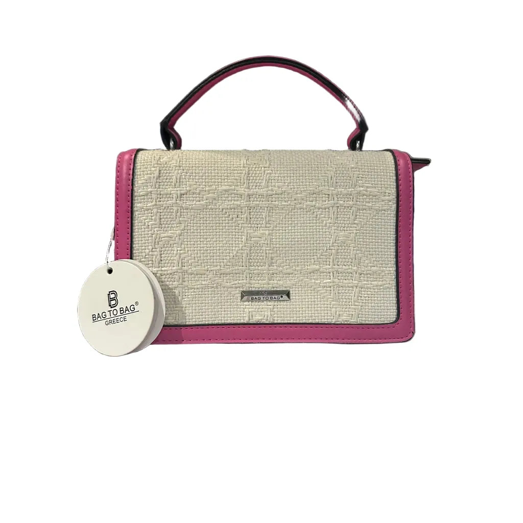 Handbag with pink accents and a visible brand tag on a white background