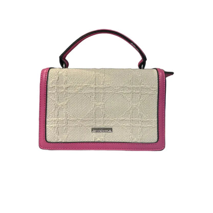 Handbag with textured beige front panel and pink sides on a white background
