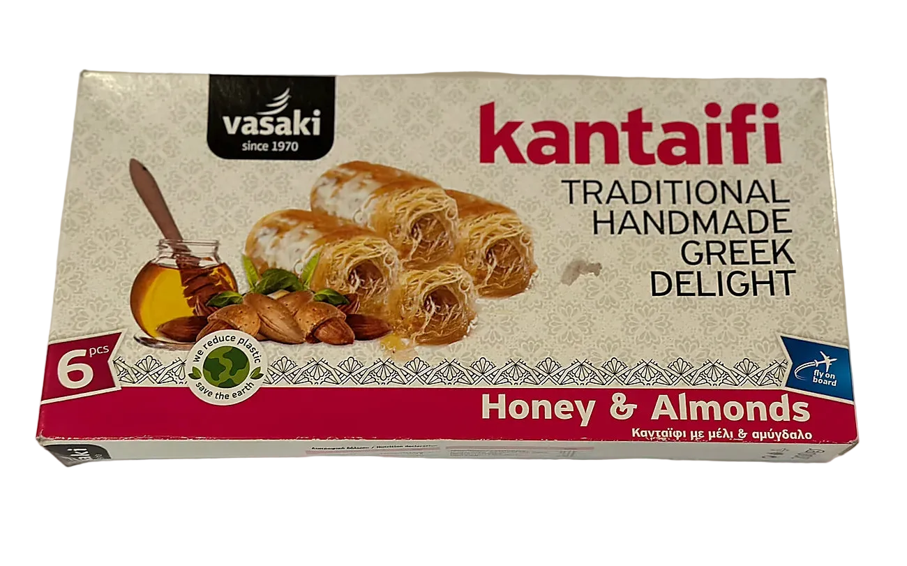 Box of kantaifi with honey and almonds flavor, featuring the Vasaki brand.
