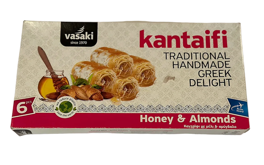 Box of kantaifi with honey and almonds flavor, featuring the Vasaki brand.