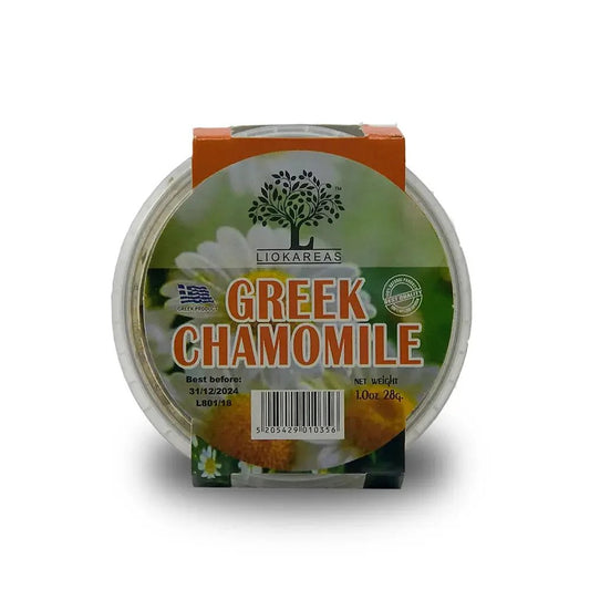 Packaged Greek Chamomile product with Likoareas branding on a white background