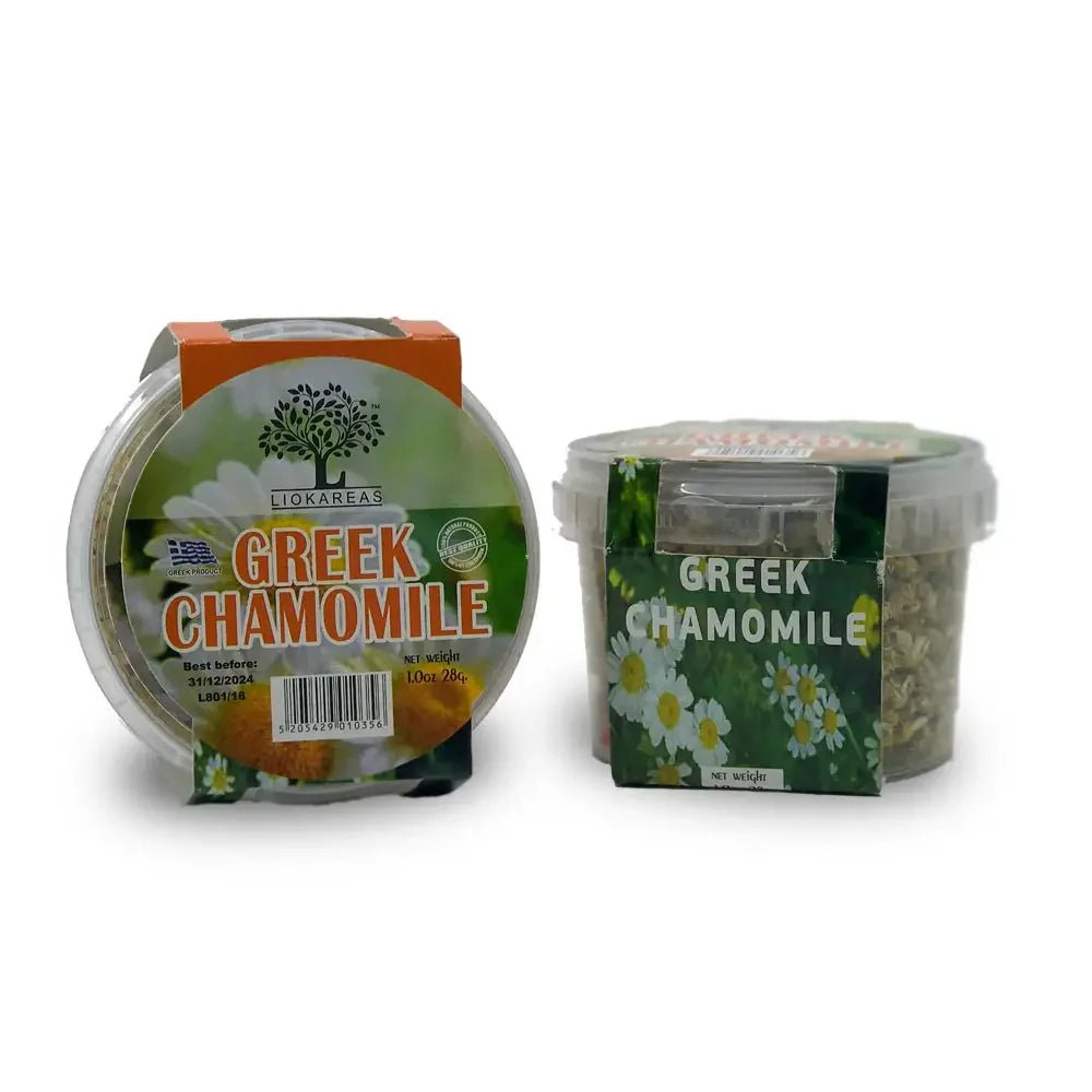 Two containers of Greek Chamomile on a white background