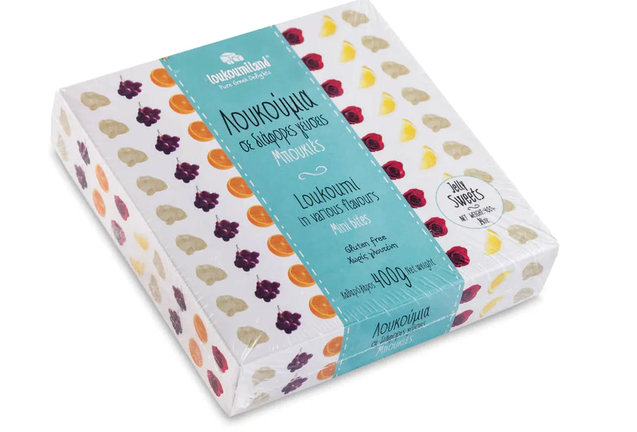Box of Loukoumida with colorful design on a white background