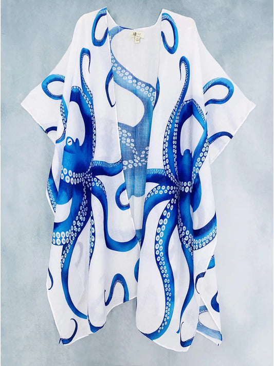 Mediterranean Blue and White Octopus Beach Cover Up - Hellenic Sun Gifts