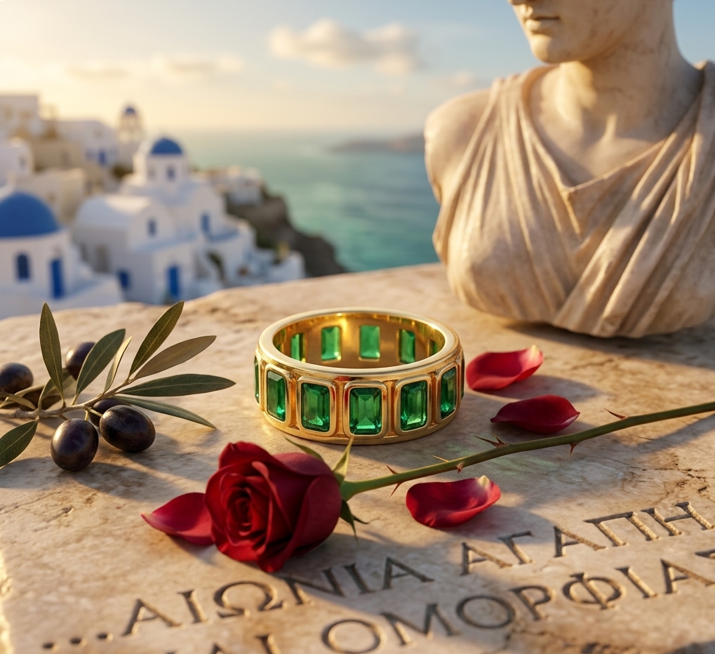Gold ring with green gemstones on a stone surface with a scenic background