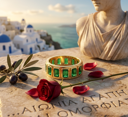 Gold ring with green gemstones on a stone surface with a scenic background