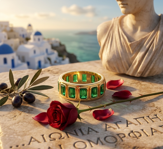 Gold ring with green gemstones on a stone surface with a scenic background
