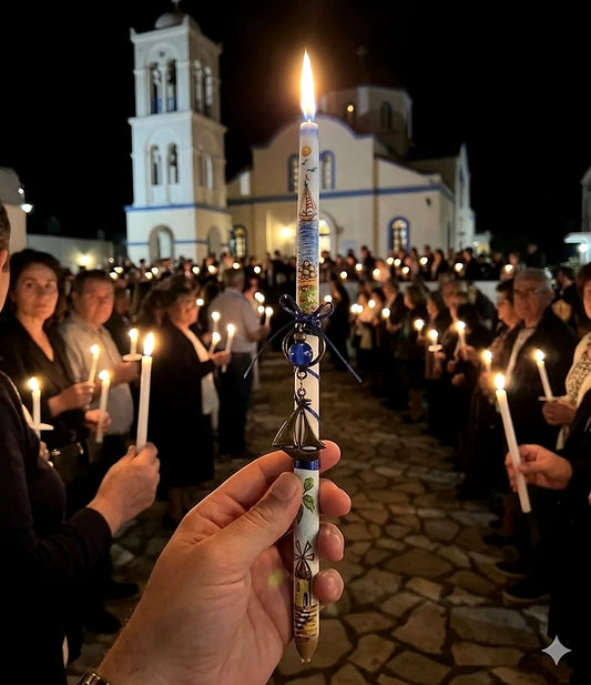 Candlelight procession with people holding candles in front of a church at night.
