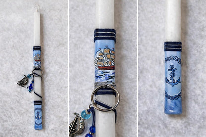 Decorative candle wraps with nautical designs on a white background