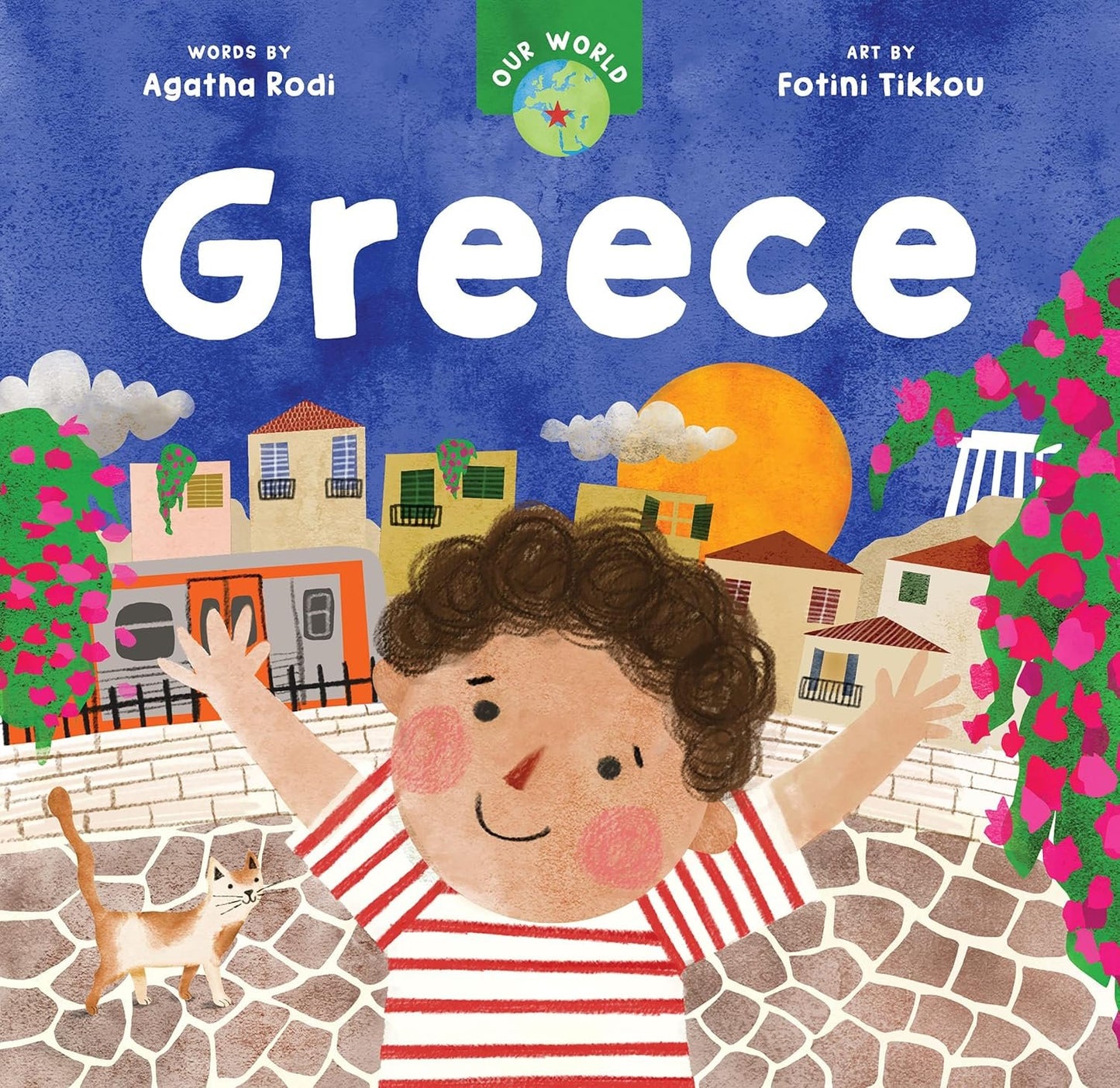 Book cover of 'Our World Greece' with a child and cat illustration against a colorful background