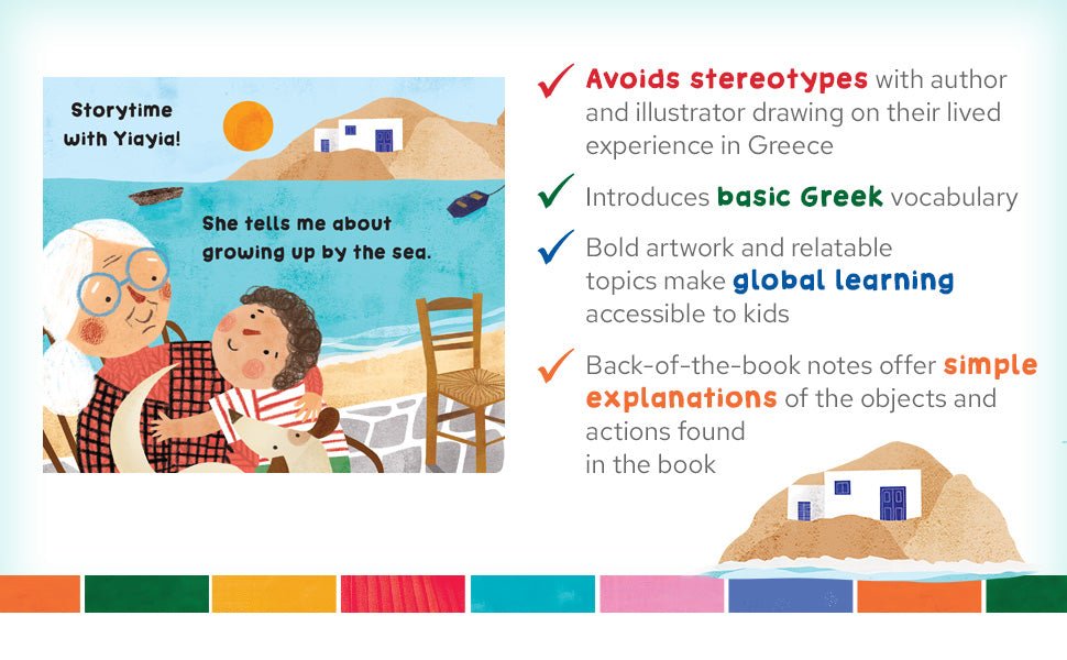 Book cover with an elderly woman and child by a seaside, featuring text about the book's educational value