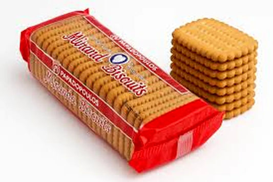 Packaged cookies with a red wrapper on a white background