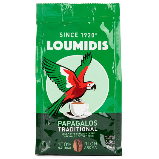 Loumidis coffee package with a parrot illustration on a green background