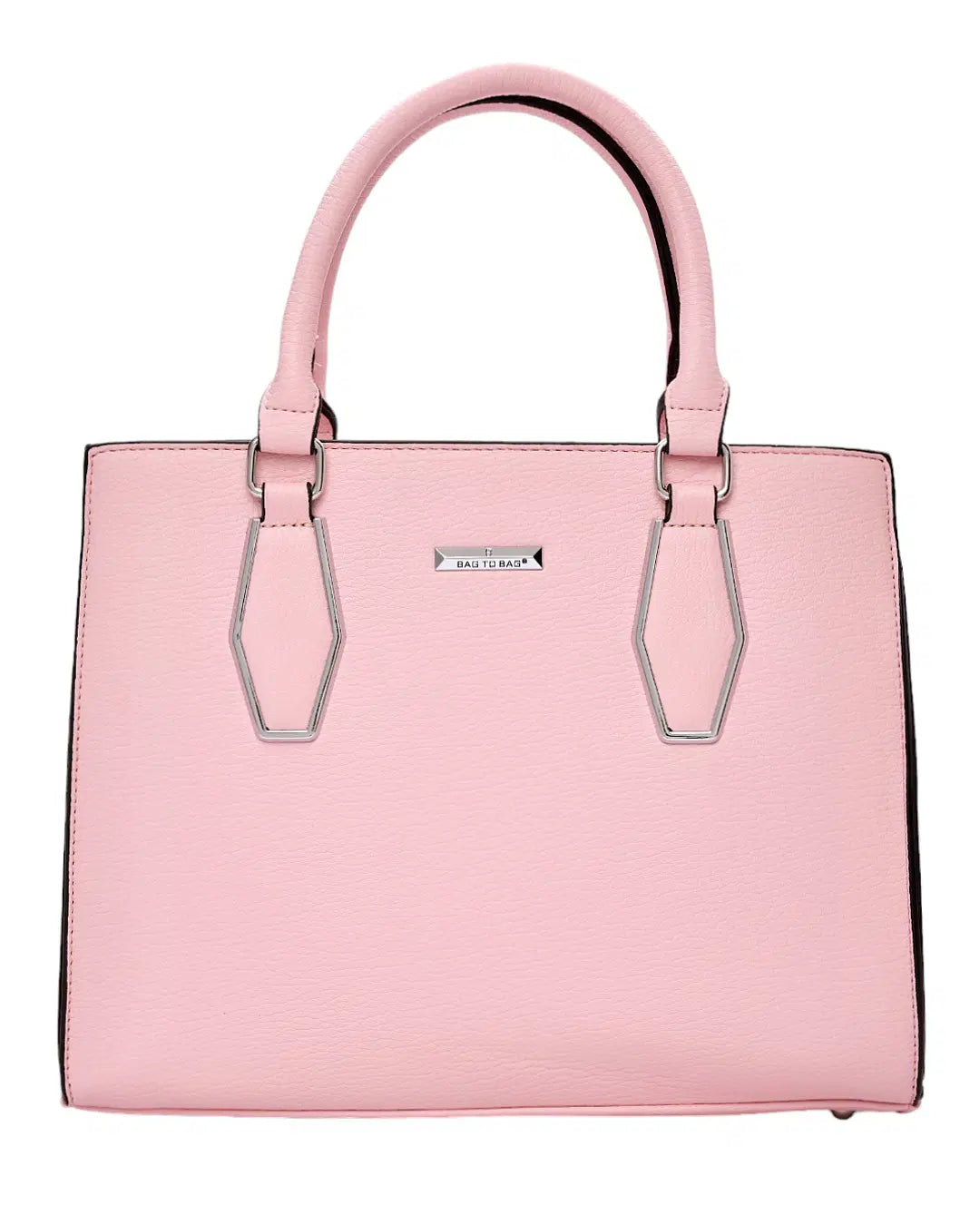 Pink handbag with a visible brand logo on a white background