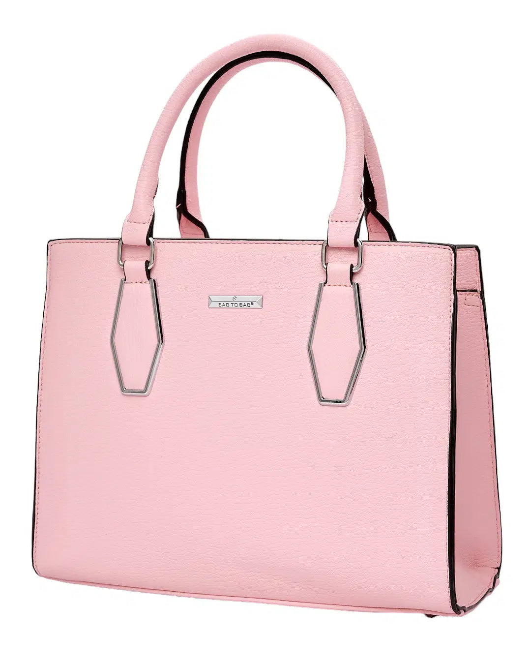 Pink handbag with a visible brand logo on a white background