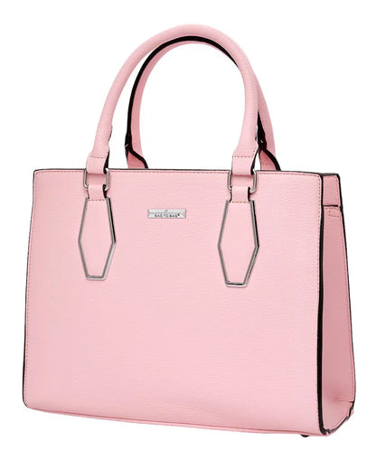 Pink handbag with a visible brand logo on a white background